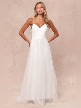 NWT Lulus Love Perfection White Lace Tulle Pearl Beaded Maxi Dress Size XL